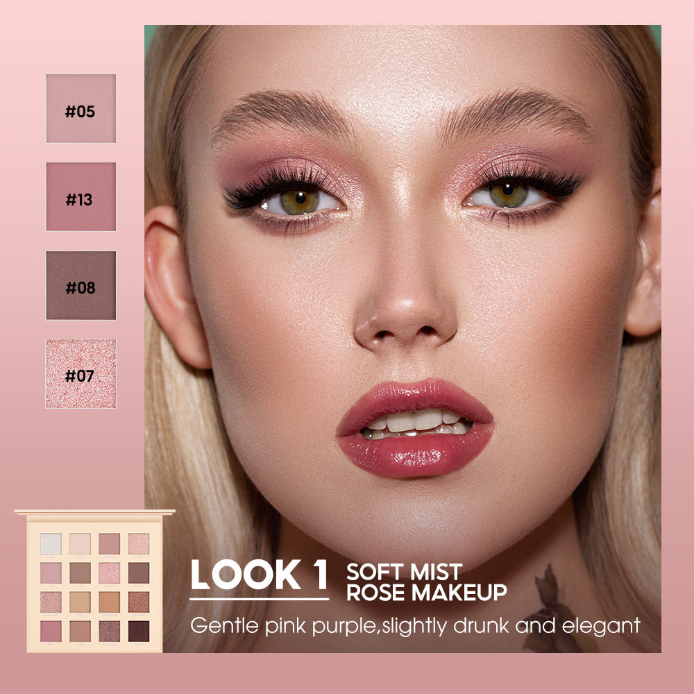 16-Color Eyeshadow Palette | Matte, Pearl & Glitter Pink Earth Tones