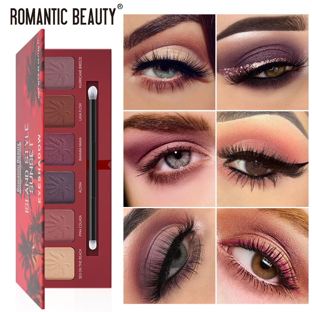 6-Color Sunset Eyeshadow Palette | Pearl & Matte Finish with Brush