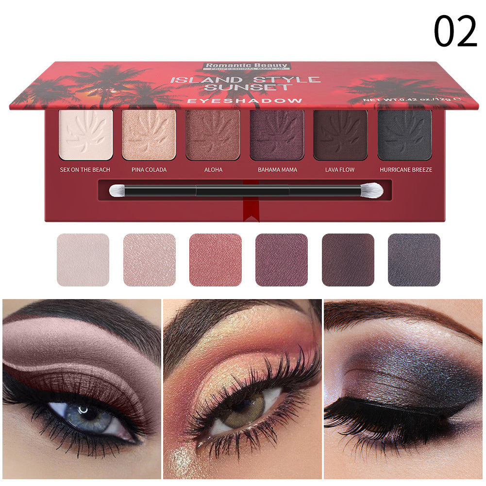 6-Color Sunset Eyeshadow Palette | Pearl & Matte Finish with Brush