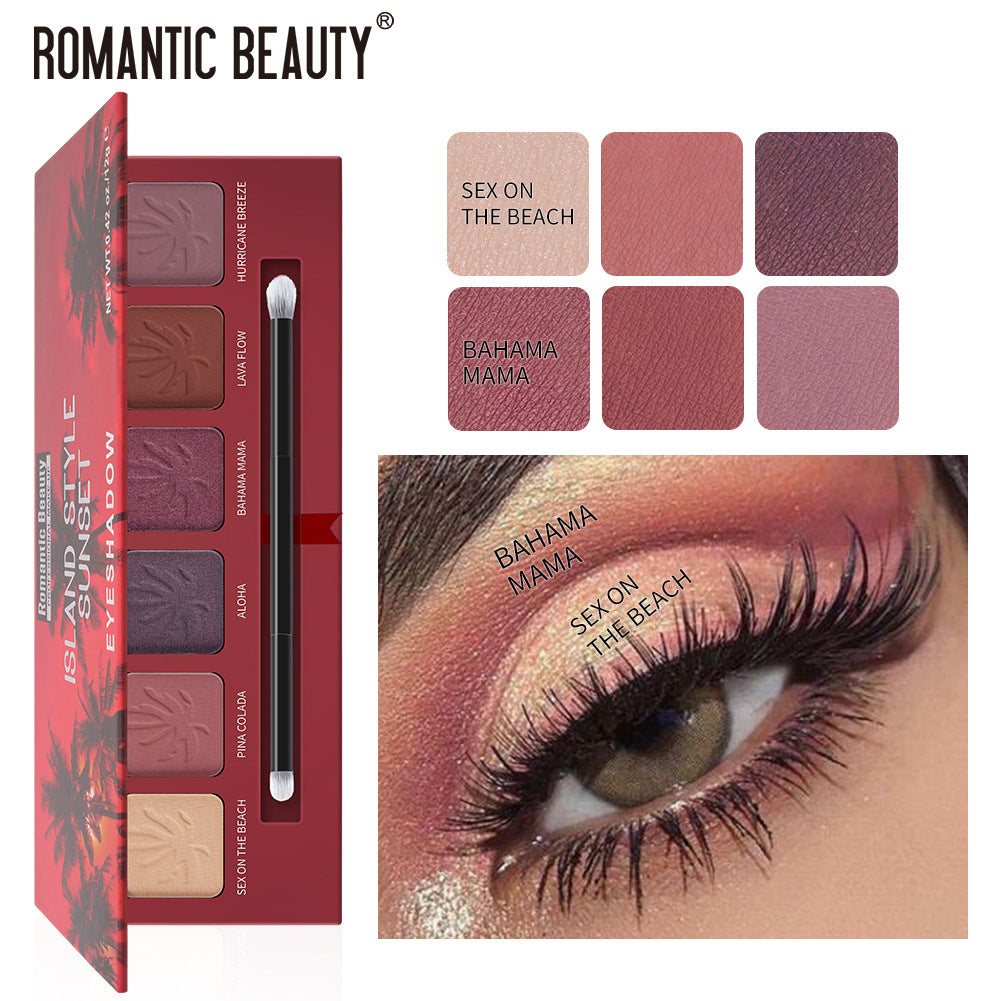 6-Color Sunset Eyeshadow Palette | Pearl & Matte Finish with Brush