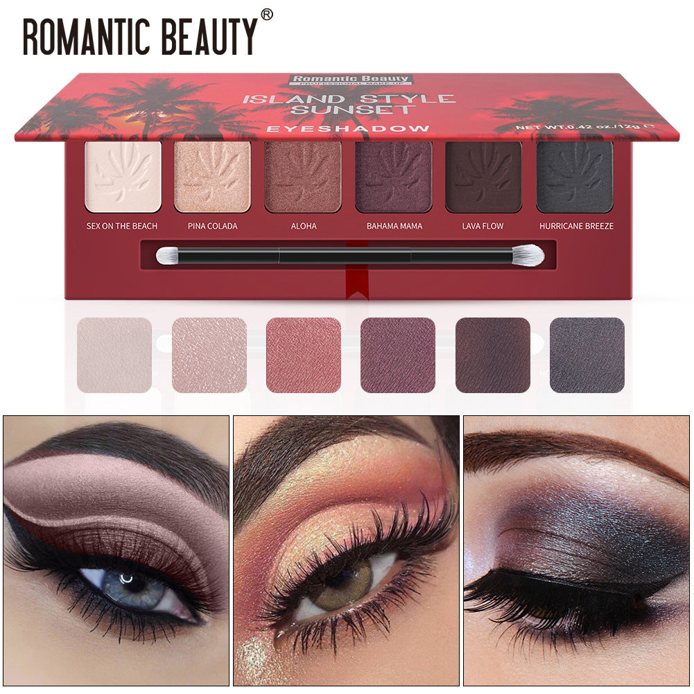 6-Color Sunset Eyeshadow Palette | Pearl & Matte Finish with Brush