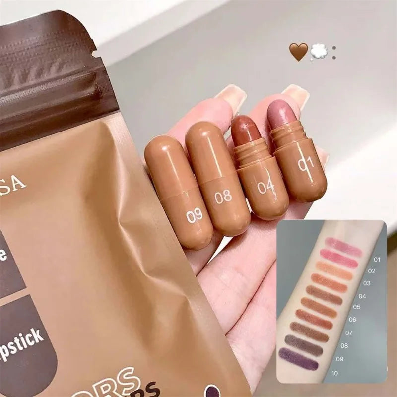 10-Color Brown Matte Velvet Capsule Lipstick Set
