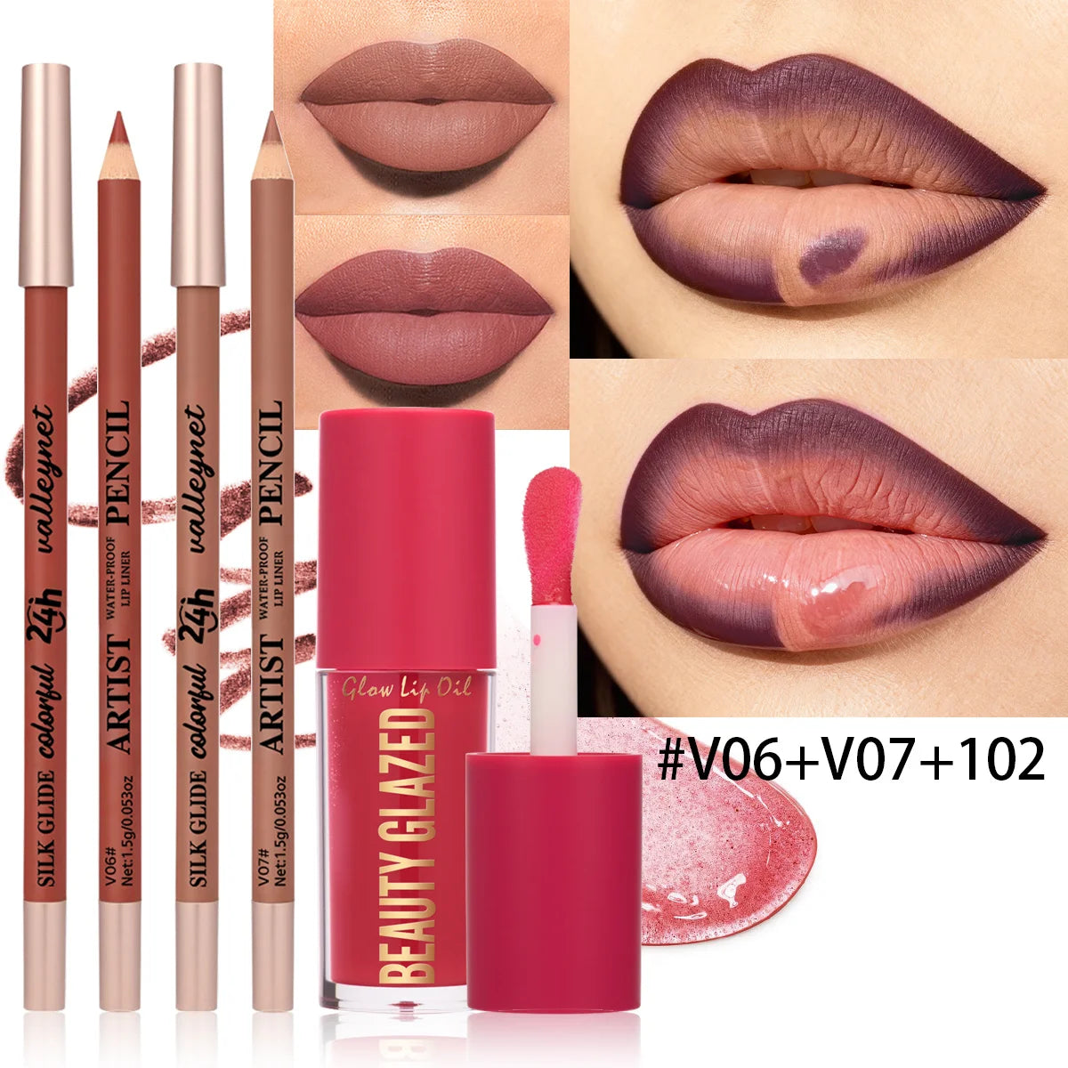 3Pcs/Set Matte Velvet Lip Liner Lip Oil Lip Combo,Long Lasting Waterproof Lipliner Lip Makeup