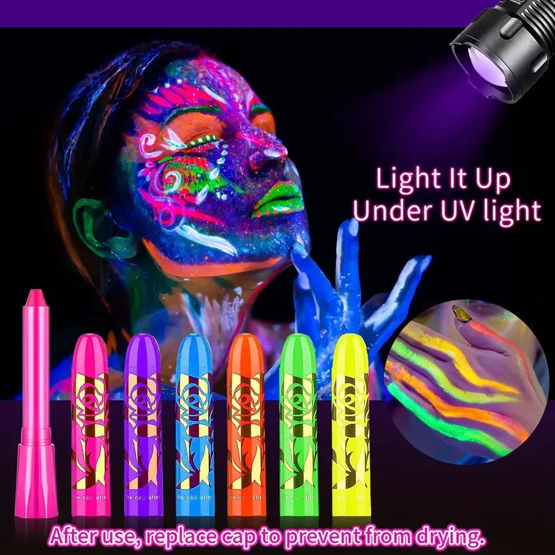 6Pcs UV Neon Face Painting Kit,Glow in the Dark Under UV Lights,Black Light Glow Makeup Kit,Washable Water Soluble Face Painting