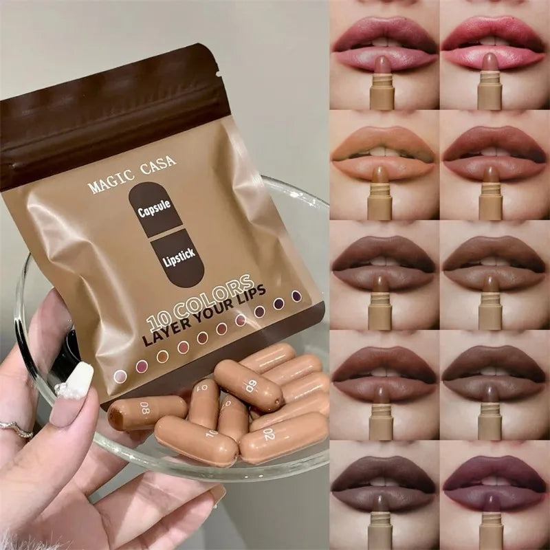 10-Color Brown Matte Velvet Capsule Lipstick Set