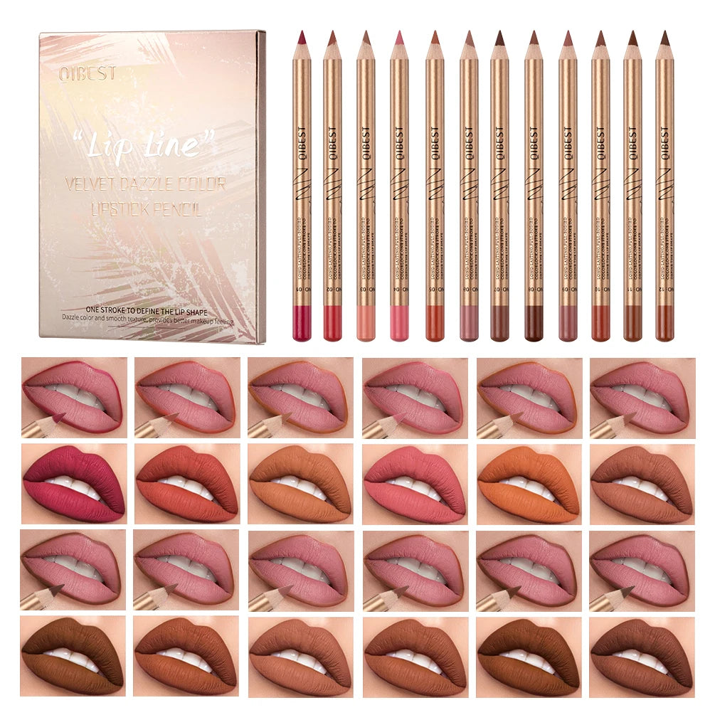 QIBEST 12-Color Waterproof Matte Lip Liner Set