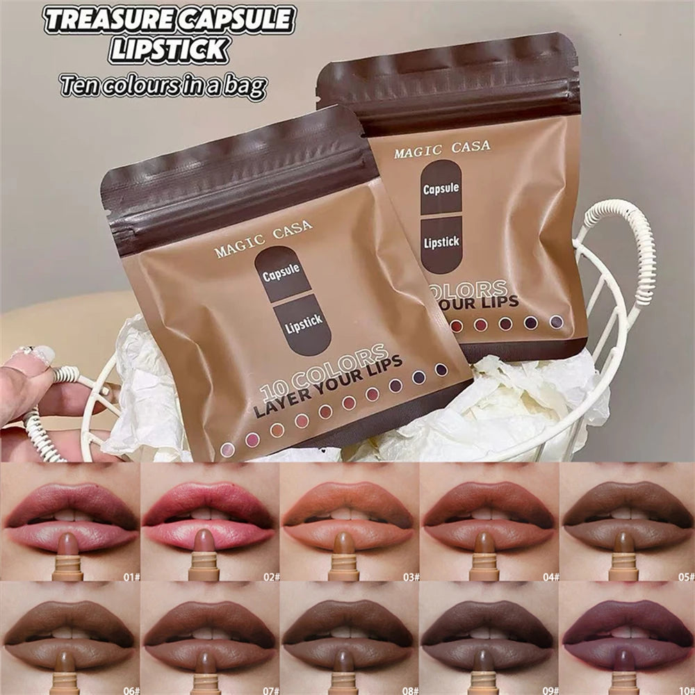 10-Color Brown Matte Velvet Capsule Lipstick Set