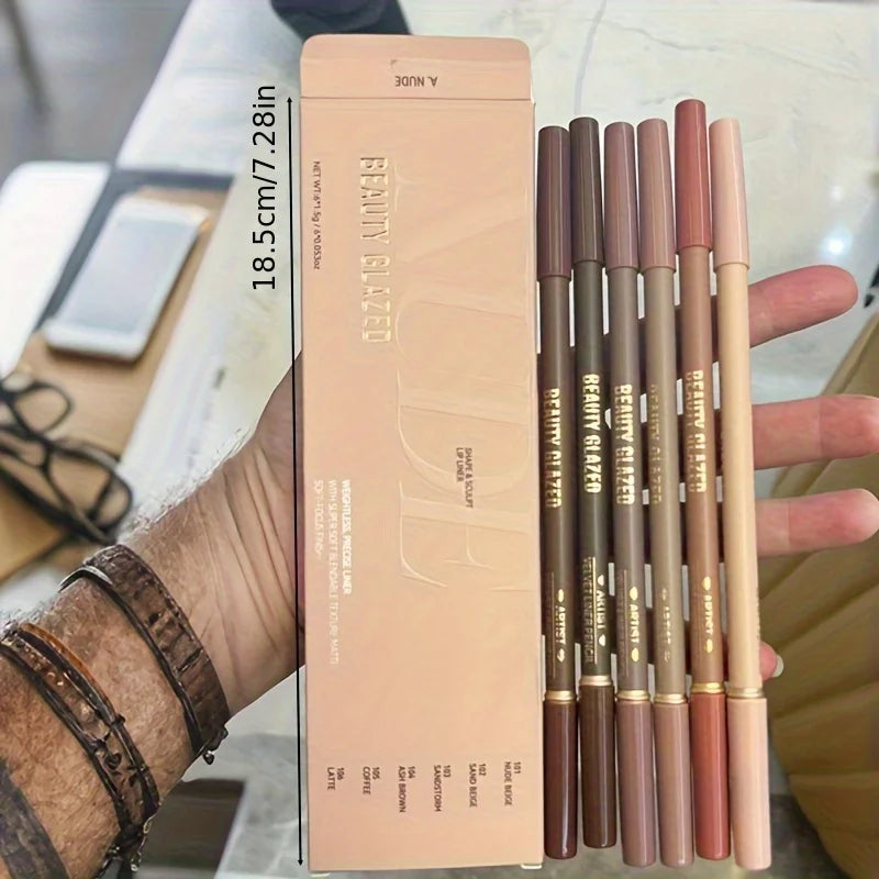 2-in-1 Lip Liner & Brush Set — Waterproof, Long-Lasting, 6 Pcs