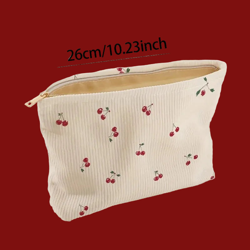 Cherry Print Corduroy Makeup Bag