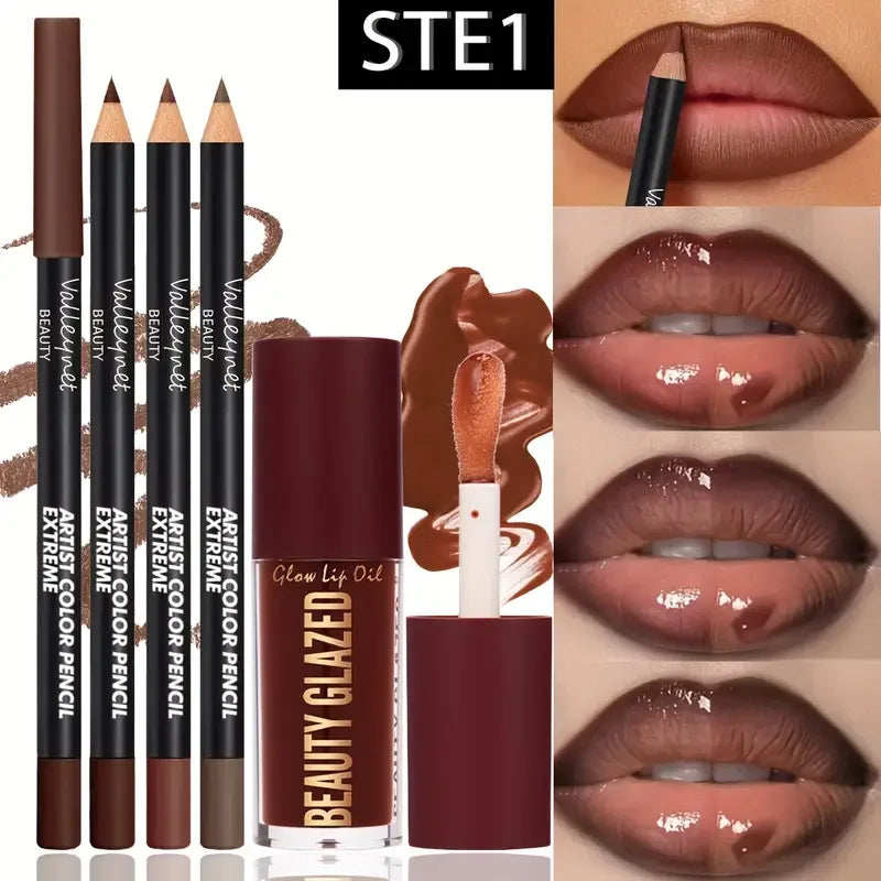 4-Piece Matte Lip Kit — 3 Lip Liners + 1 Lip Glaze, Waterproof & Long-Lasting