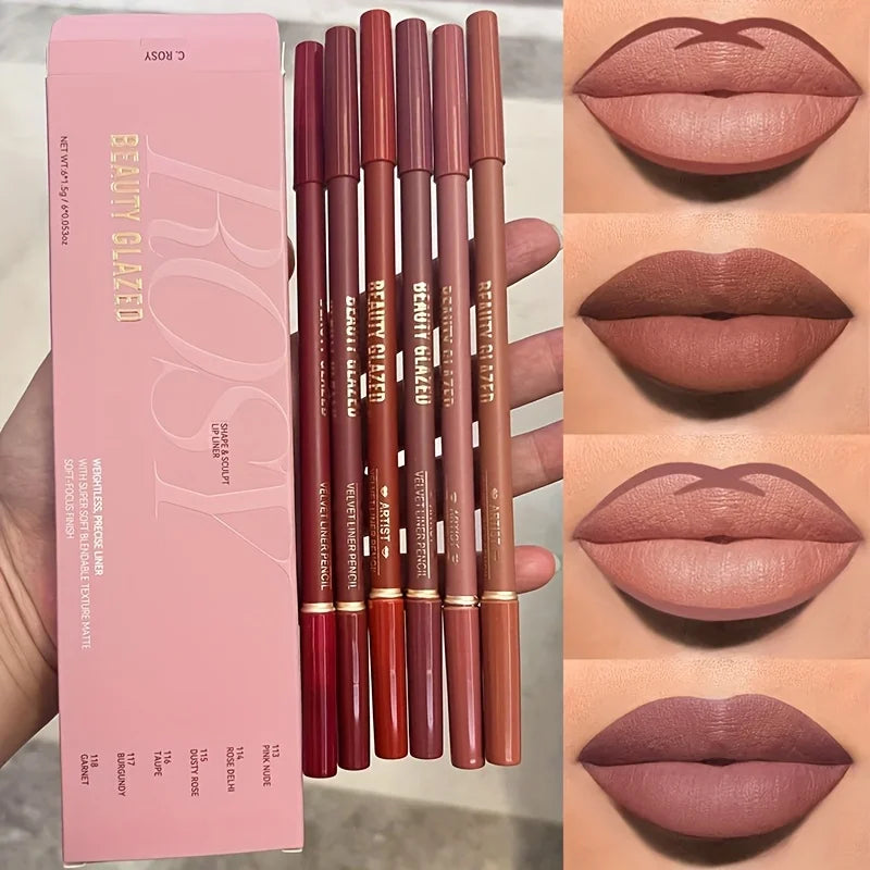 2-in-1 Lip Liner & Brush Set — Waterproof, Long-Lasting, 6 Pcs