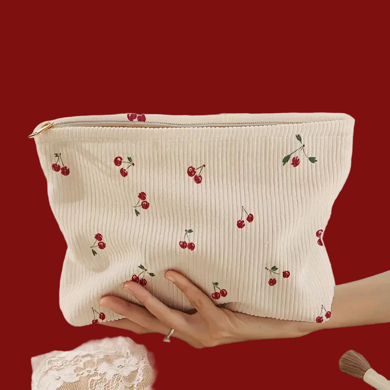 Cherry Print Corduroy Makeup Bag