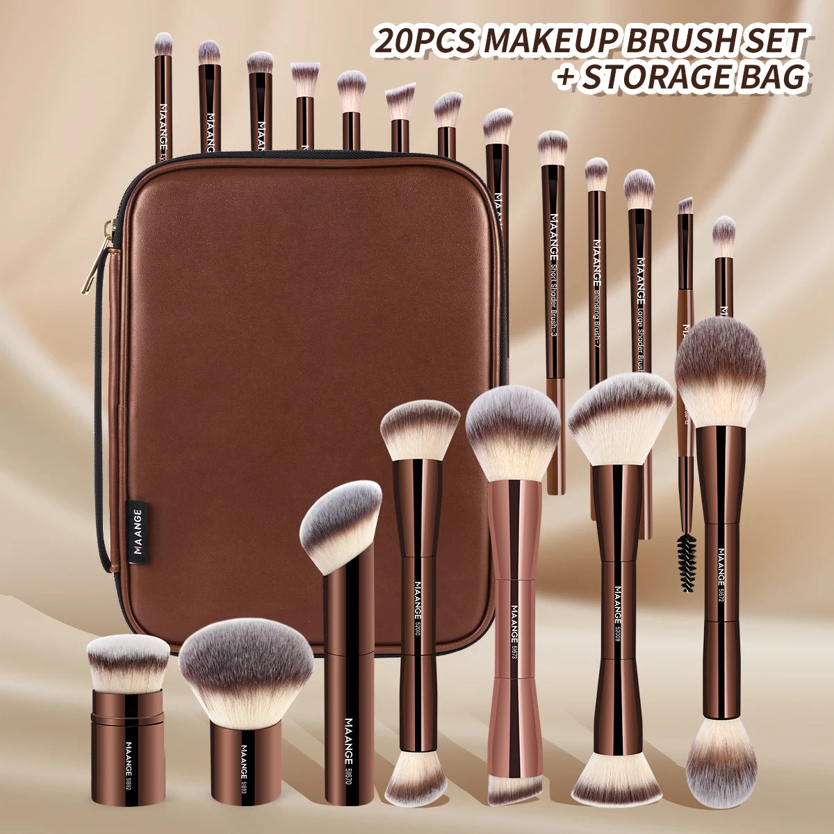 MAANGE 20pcs Pro Makeup Brushes + Storage Bag Dual End Foundation Powder Blush Eyeshadow Brush Beauty Blending Organizer Tool