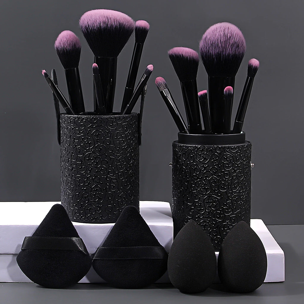 17 Makeup Brush Set 12 Makeup Brushes w/ Makeup Egg Triangle Powder Puff & Storage
