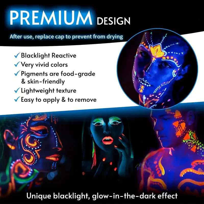 6Pcs UV Neon Face Painting Kit,Glow in the Dark Under UV Lights,Black Light Glow Makeup Kit,Washable Water Soluble Face Painting