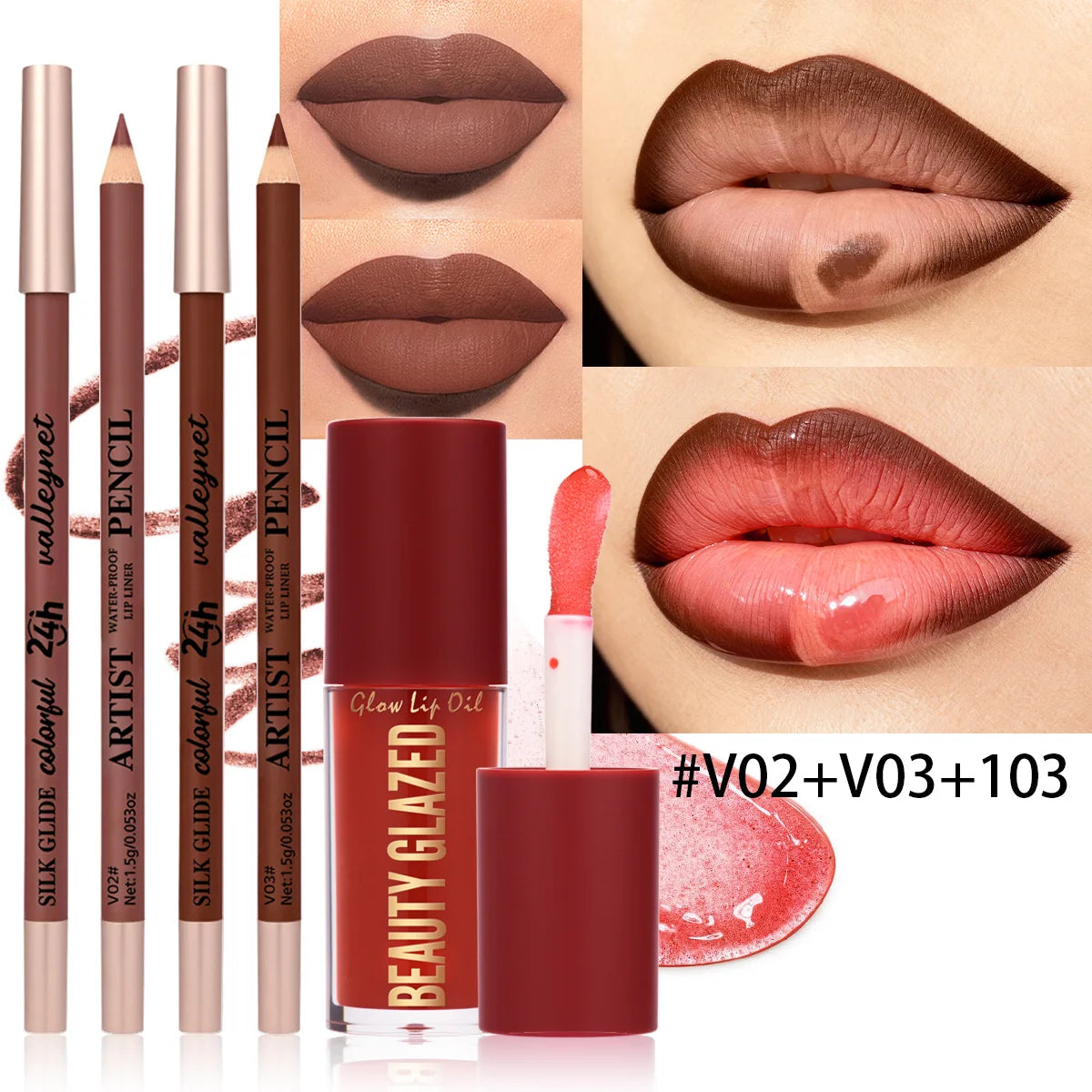 3Pcs/Set Matte Velvet Lip Liner Lip Oil Lip Combo,Long Lasting Waterproof Lipliner Lip Makeup