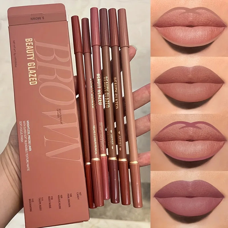 2-in-1 Lip Liner & Brush Set — Waterproof, Long-Lasting, 6 Pcs