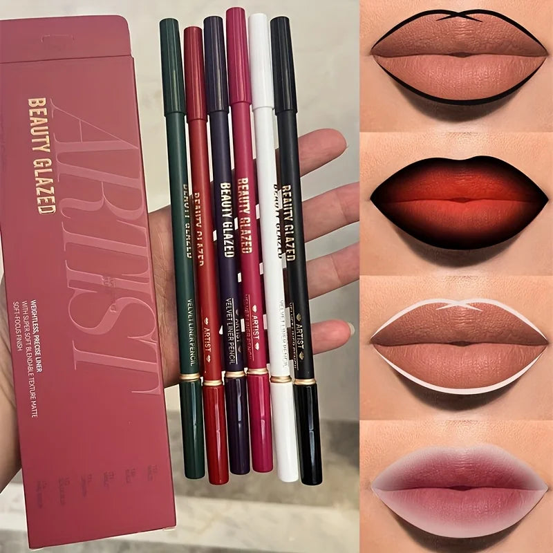 2-in-1 Lip Liner & Brush Set — Waterproof, Long-Lasting, 6 Pcs