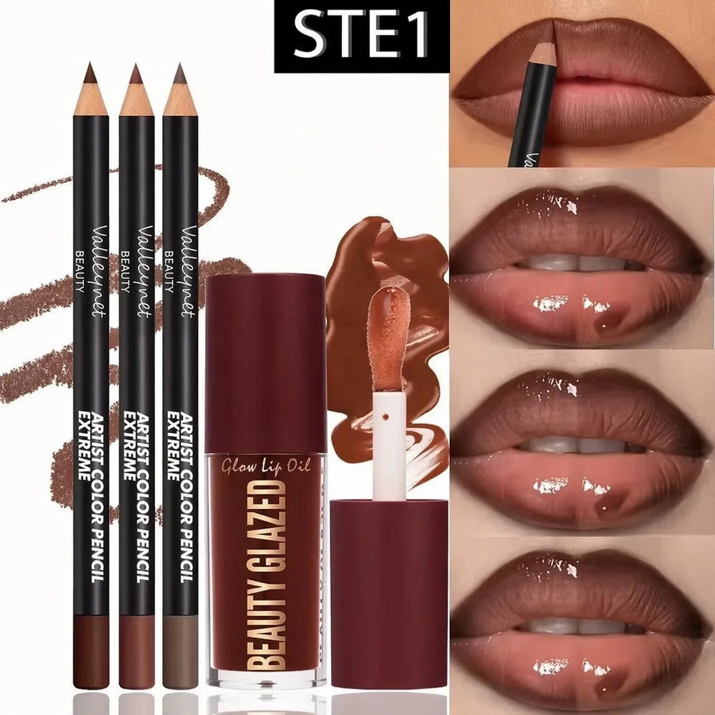 4-Piece Matte Lip Kit — 3 Lip Liners + 1 Lip Glaze, Waterproof & Long-Lasting