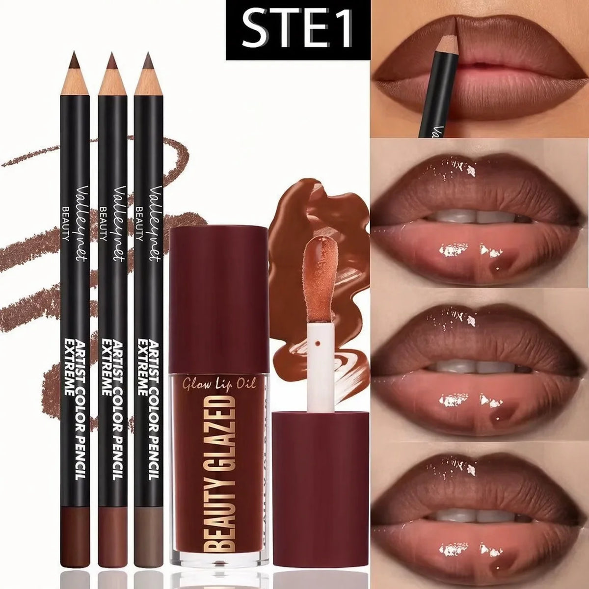 4-Piece Matte Lip Kit — 3 Lip Liners + 1 Lip Glaze, Waterproof & Long-Lasting