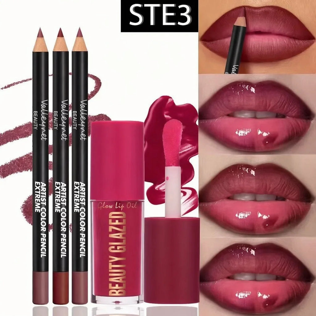 4-Piece Matte Lip Kit — 3 Lip Liners + 1 Lip Glaze, Waterproof & Long-Lasting