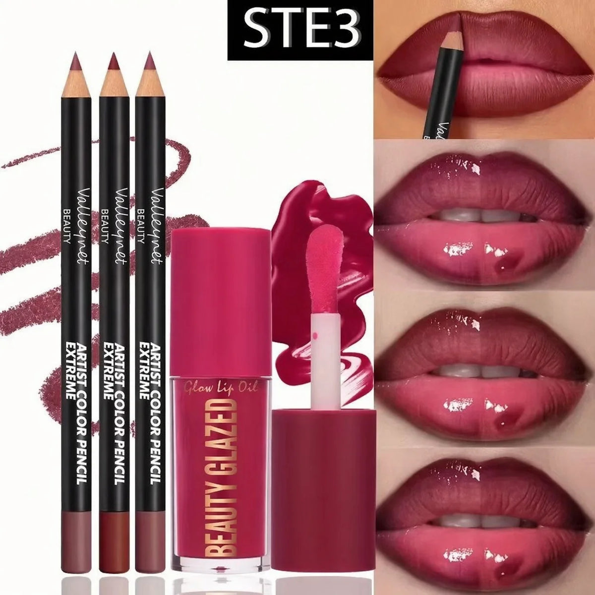 4-Piece Matte Lip Kit — 3 Lip Liners + 1 Lip Glaze, Waterproof & Long-Lasting