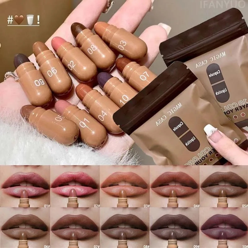 10-Color Brown Matte Velvet Capsule Lipstick Set