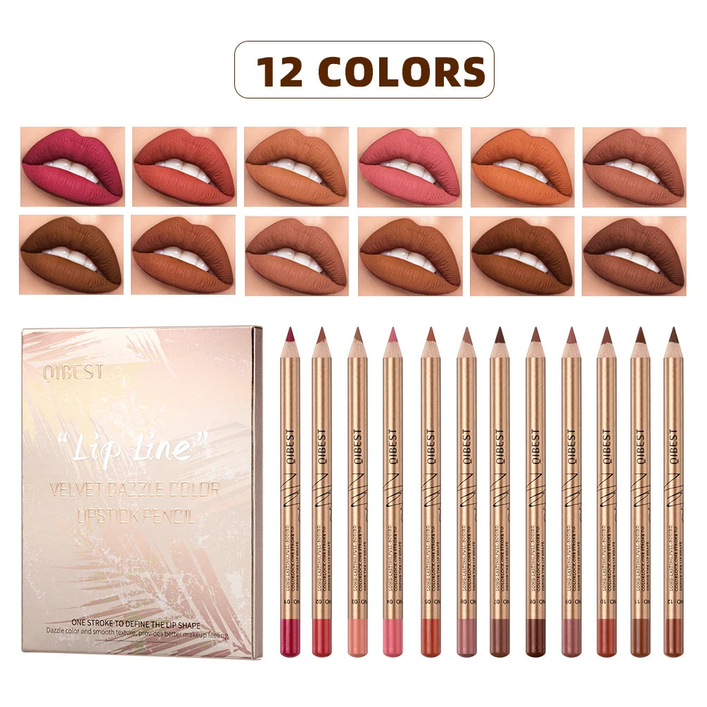 QIBEST 12-Color Waterproof Matte Lip Liner Set