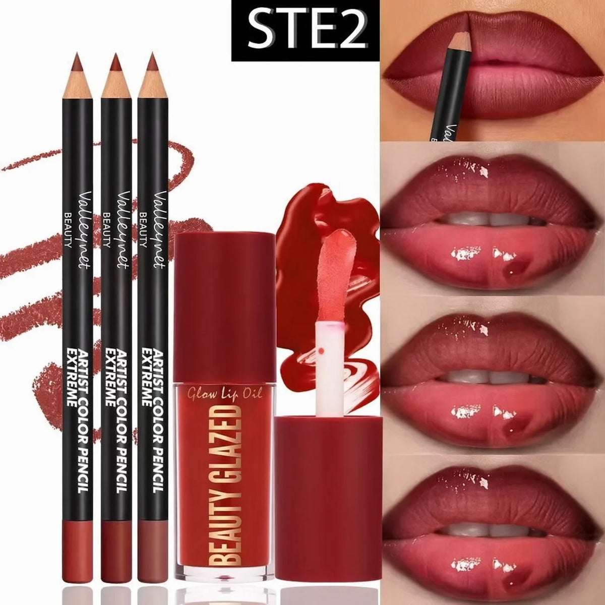 4-Piece Matte Lip Kit — 3 Lip Liners + 1 Lip Glaze, Waterproof & Long-Lasting