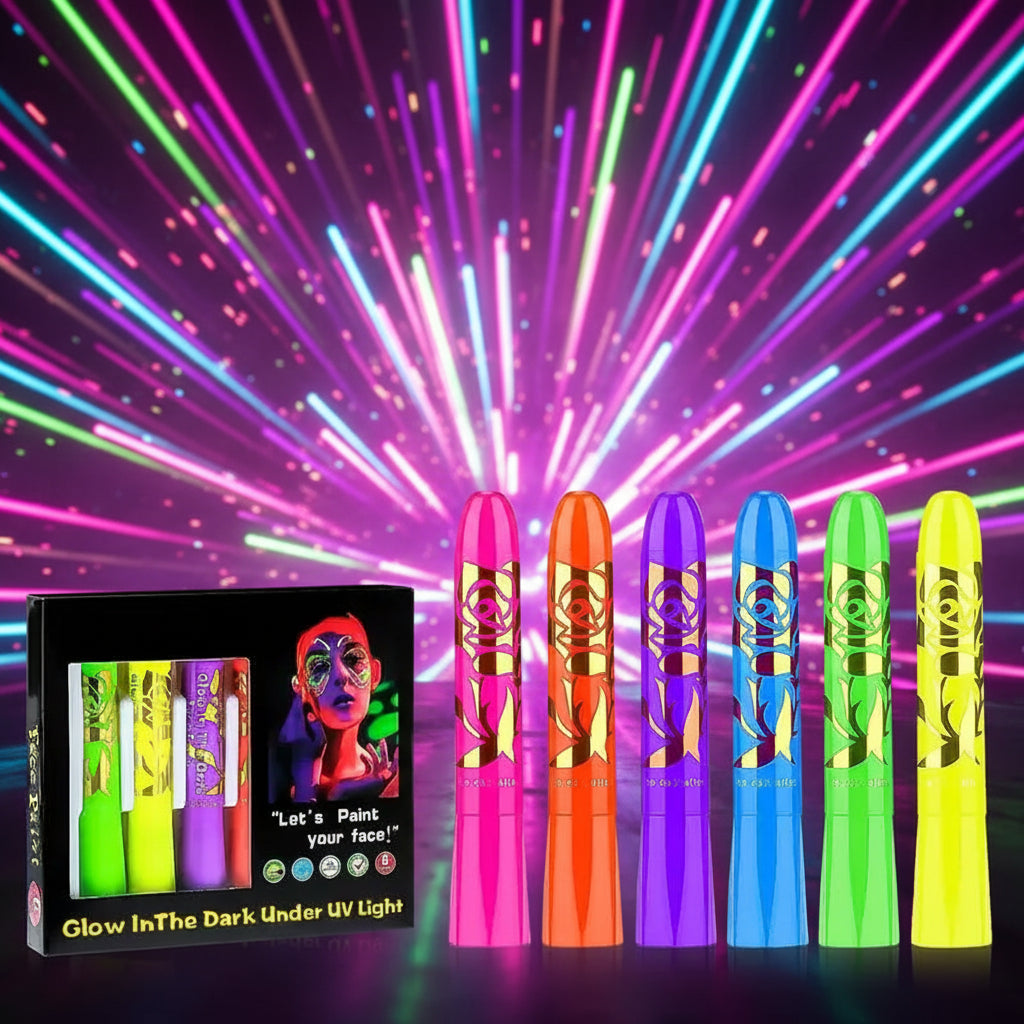 6Pcs UV Neon Face Painting Kit,Glow in the Dark Under UV Lights,Black Light Glow Makeup Kit,Washable Water Soluble Face Painting