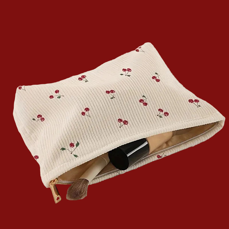 Cherry Print Corduroy Makeup Bag