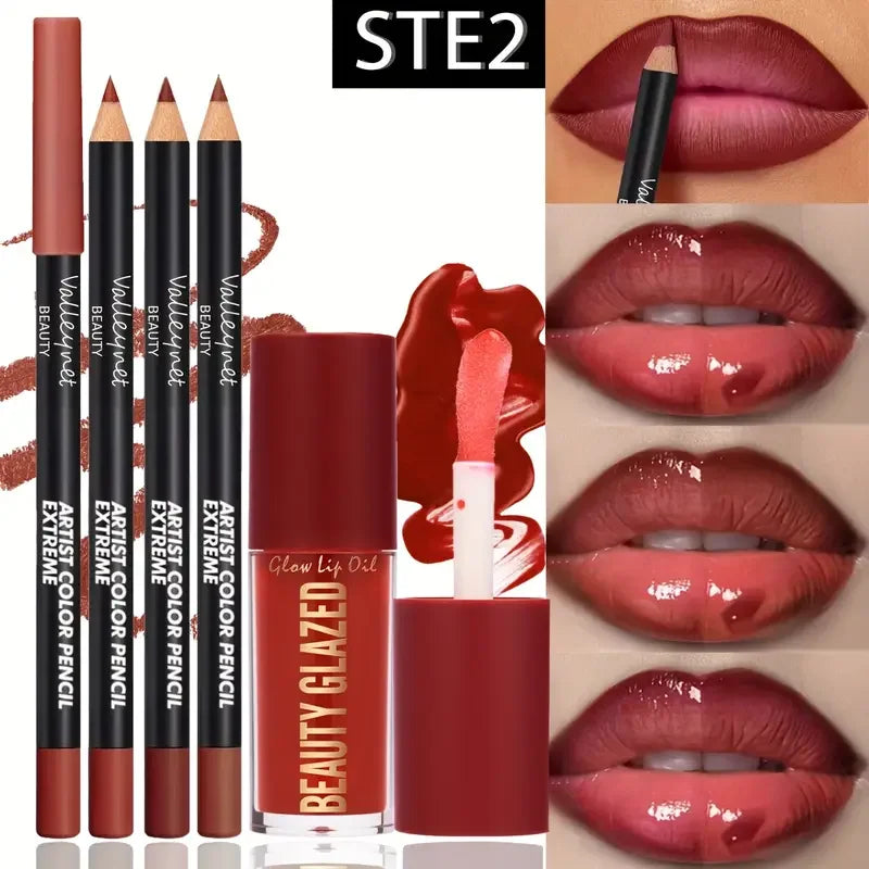 4-Piece Matte Lip Kit — 3 Lip Liners + 1 Lip Glaze, Waterproof & Long-Lasting