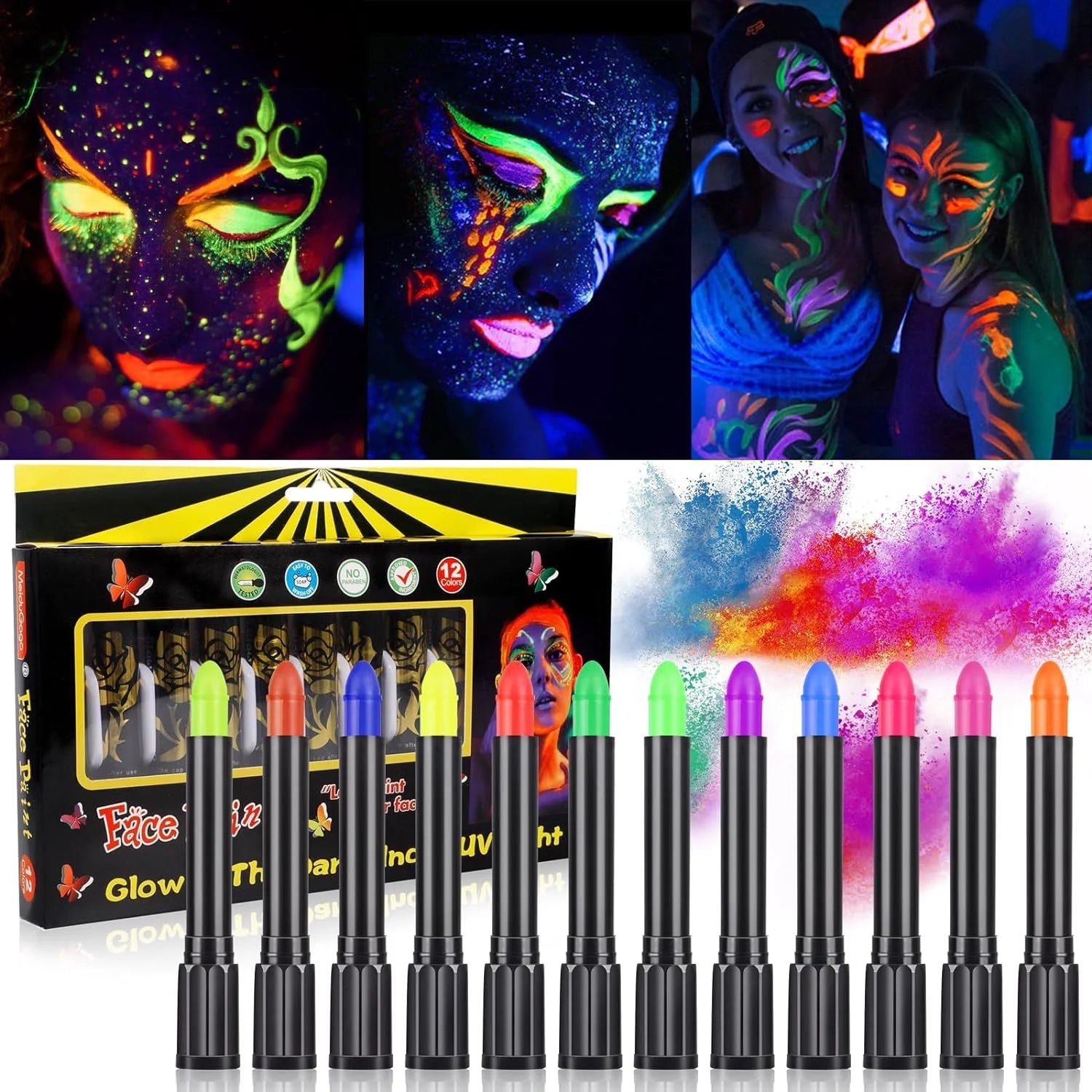 6Pcs UV Neon Face Painting Kit,Glow in the Dark Under UV Lights,Black Light Glow Makeup Kit,Washable Water Soluble Face Painting