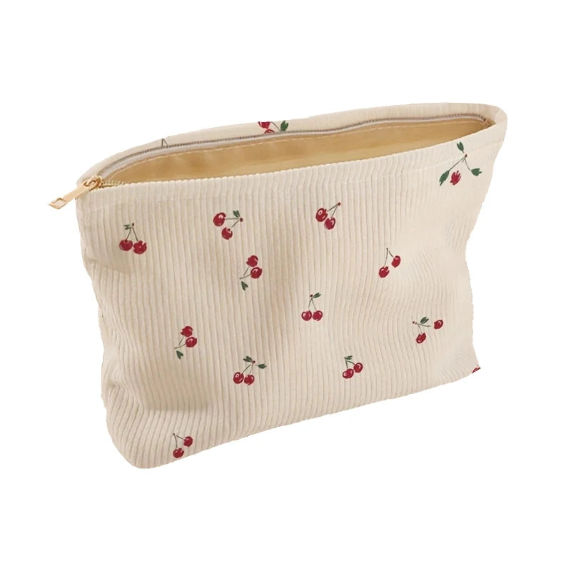 Cherry Print Corduroy Makeup Bag
