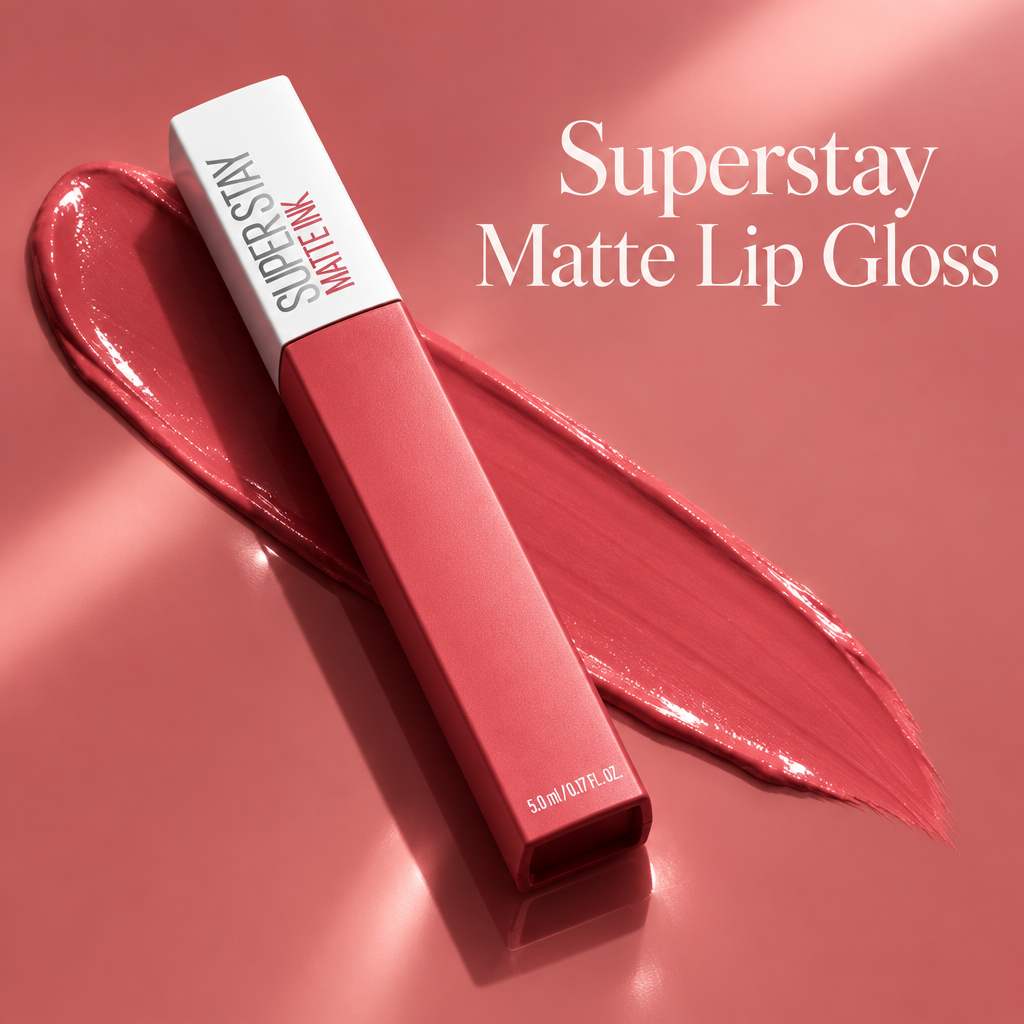 Lip gloss ad on a glossy rose surface