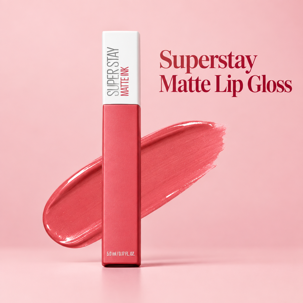 Lip gloss ad on a soft pink background