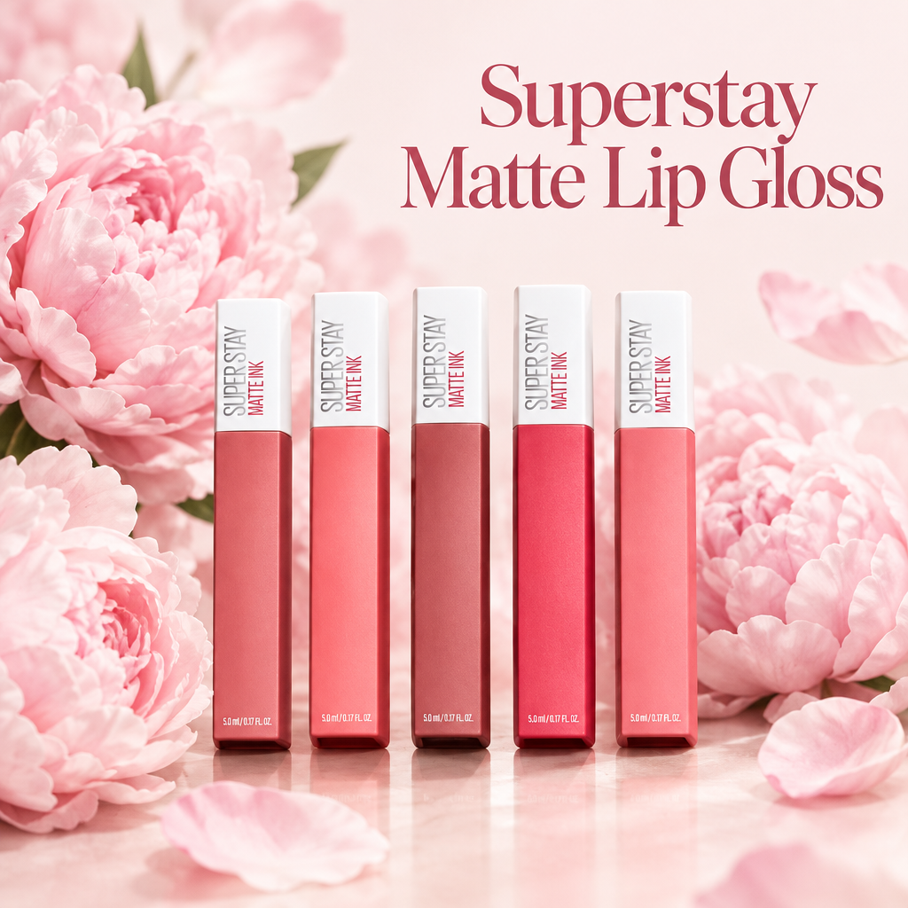 Lip gloss ad with pale pink peonies