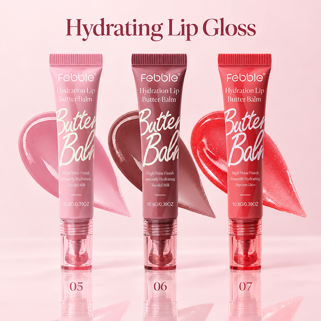 Lip gloss shades 05 to 07 on a blush background