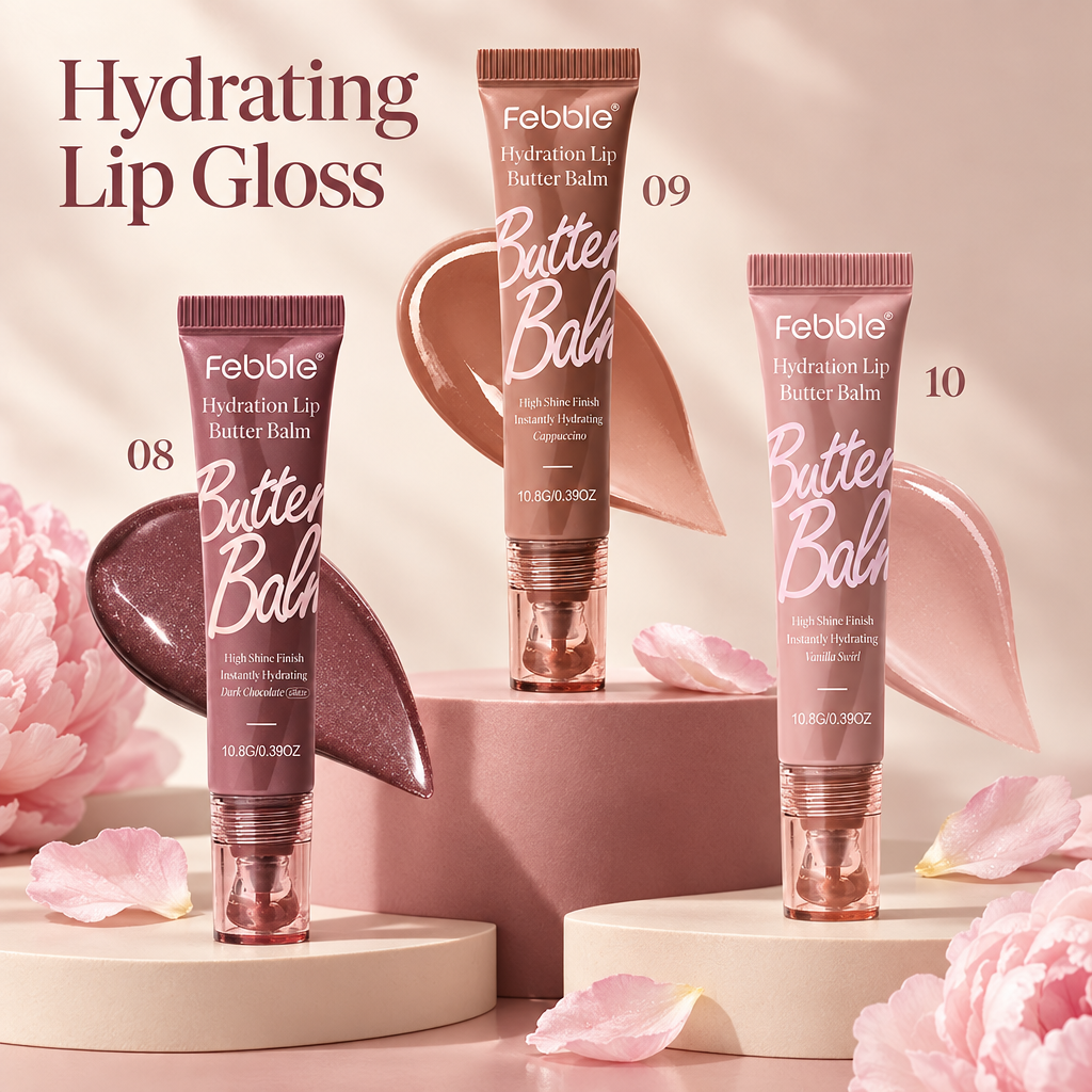Lip gloss shades 08 to 10 in an editorial display