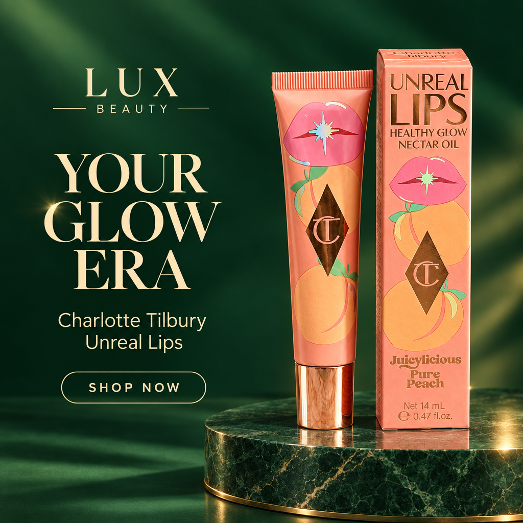 LUX Beauty ad with emerald green background