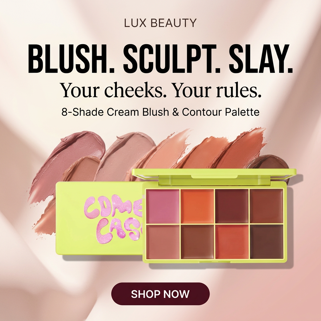 LUX Beauty Facebook ad with bold slogan and blush palette