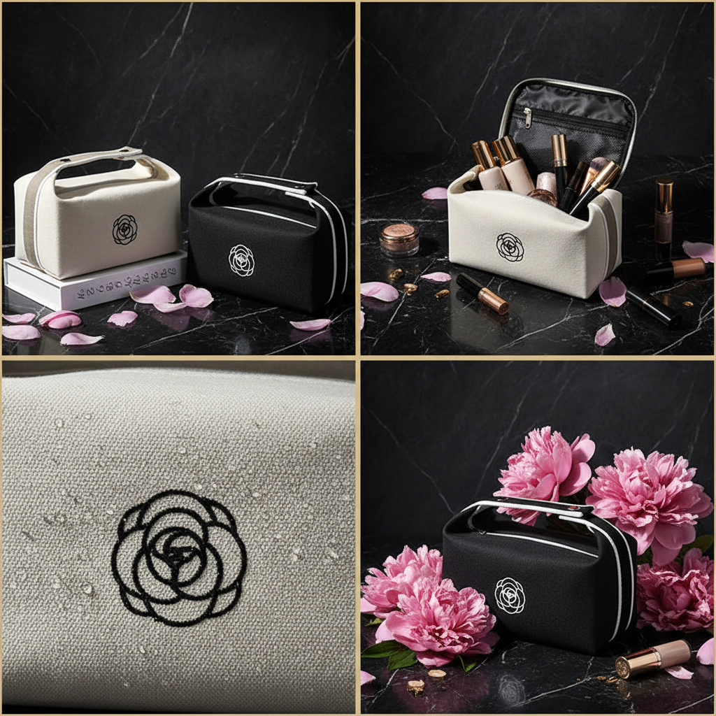 LUX camellia makeup bag collage
