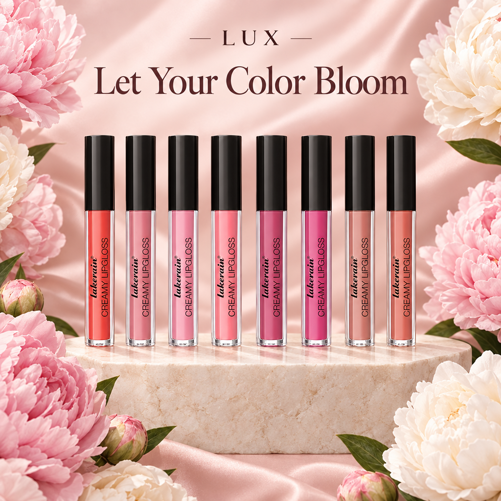 LUX lip gloss selling image with blush and ivory peonies