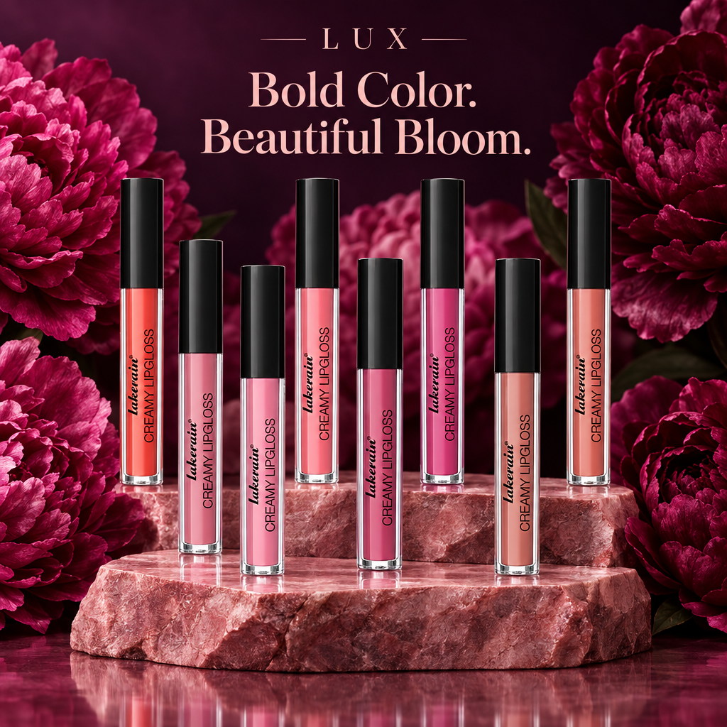 LUX lip gloss selling image with rich pink and burgundy peonies
