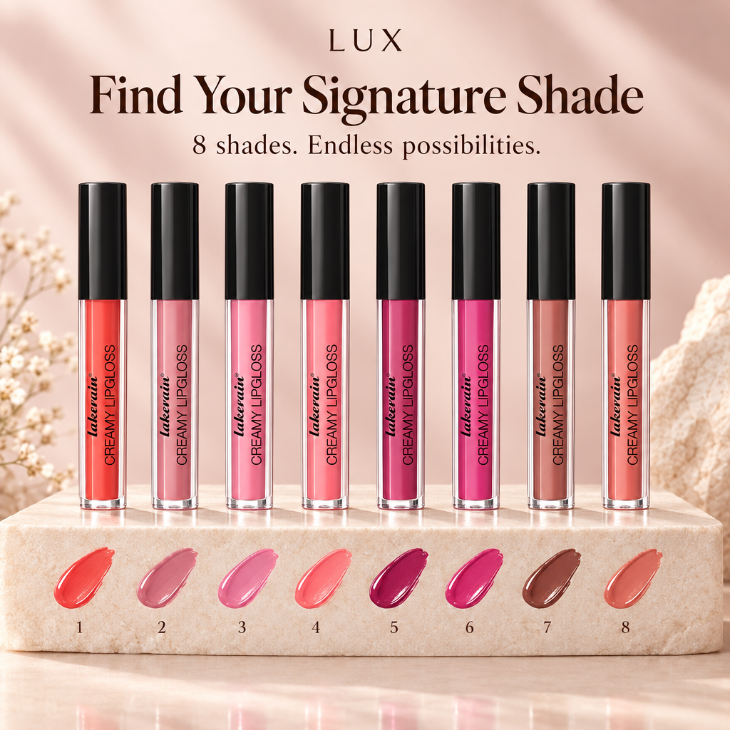 LUX selling image featuring eight lip gloss shades