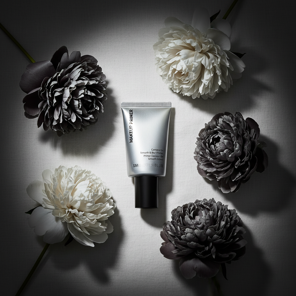 Makeup Primer Flat Lay with Peonies