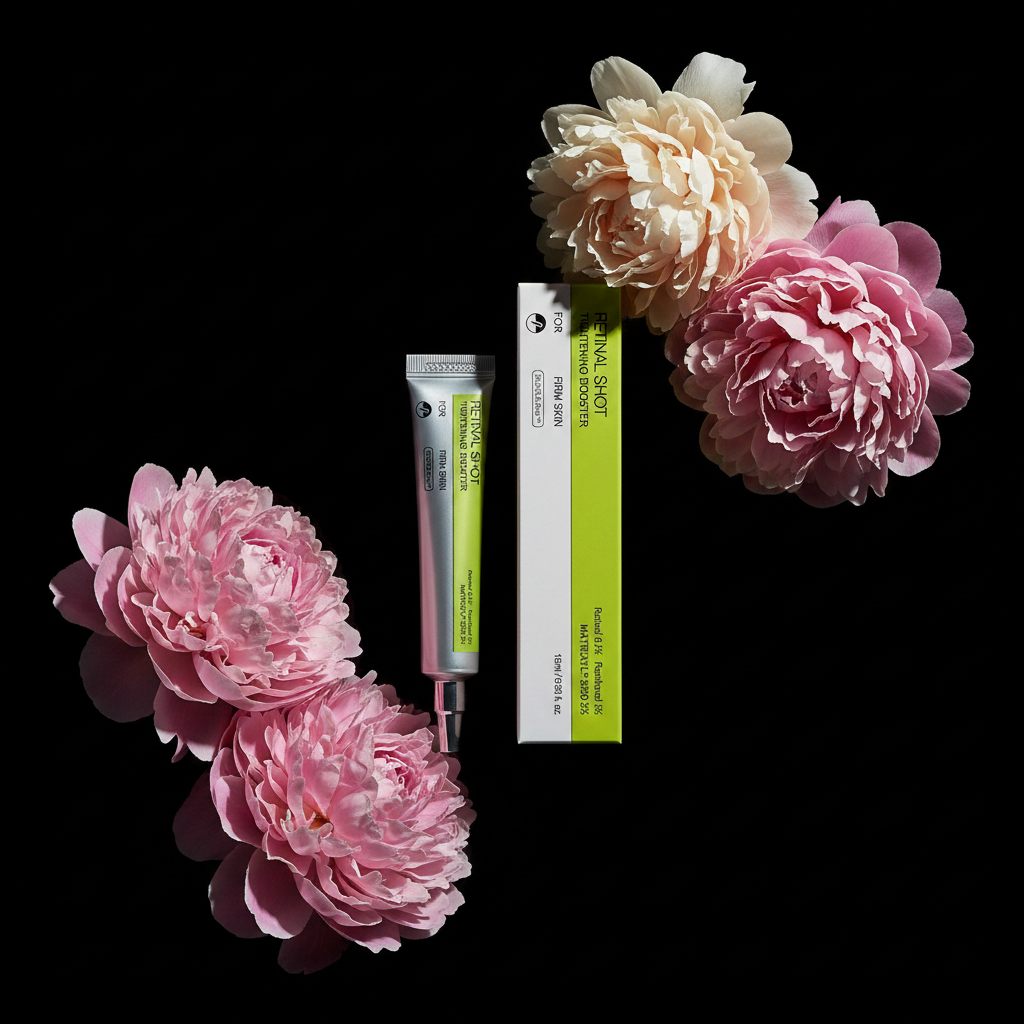Retinol Eye Cream — Black Background with Peonies