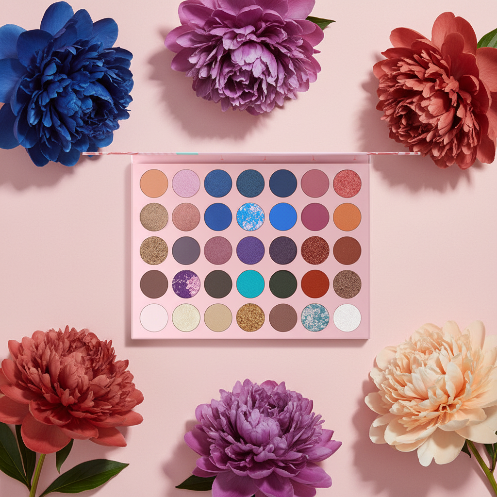 Romantic Beauty Flamingo Palette Close-Up with Color-Matched Peonies